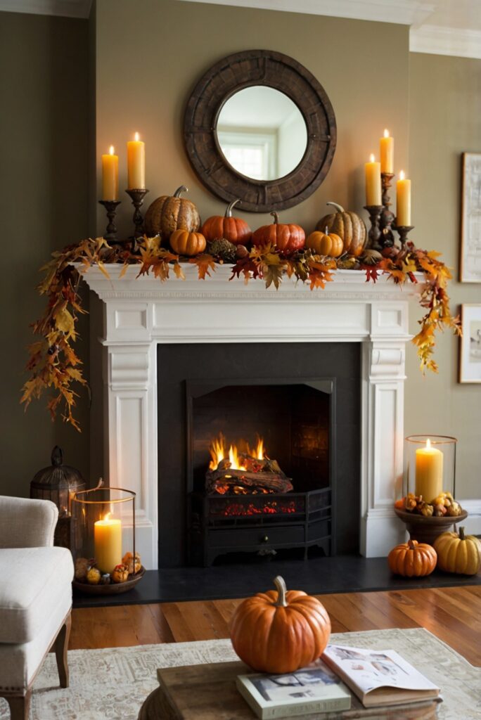 fall home decor, mantel decor, autumn decorations, stylish living room, seasonal interior design