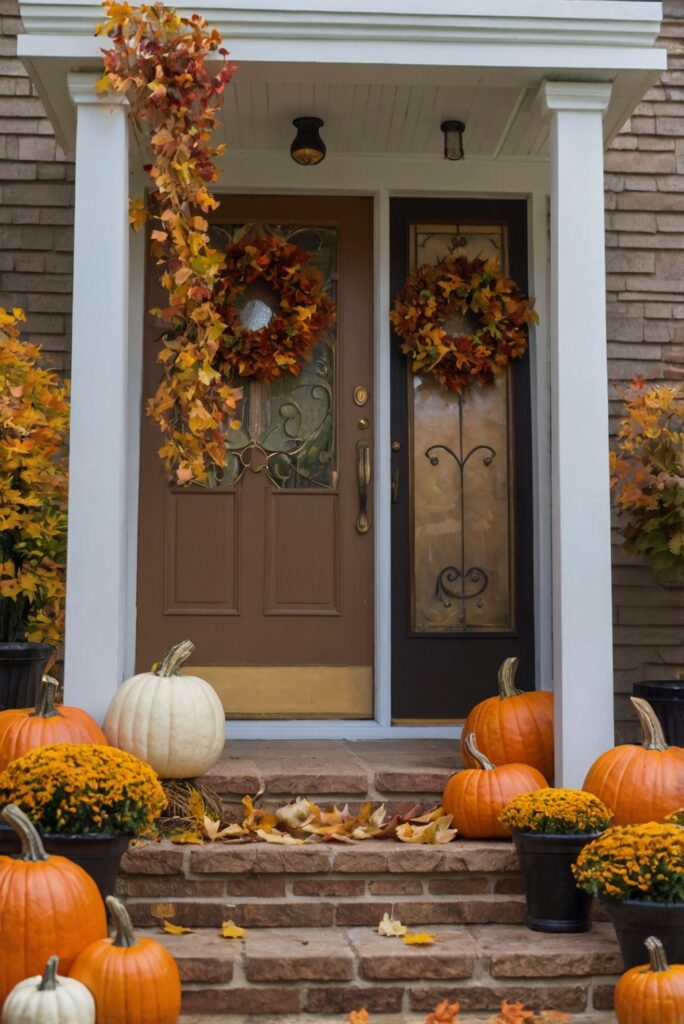 Fall outdoor decor ideas, Seasonal porch decorations, Autumn front porch design, Festive fall entryway, Cozy harvest home decor