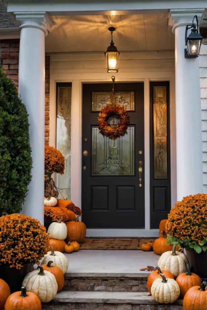 Fall porch decor, Autumn home entrance, Outdoor fall decorations, Seasonal porch makeover, Festive front porch