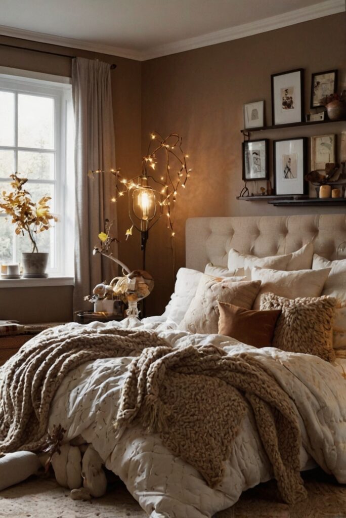 Cozy bedroom decor, Seasonal bedroom ideas, Fall theme decor, Home interior design, Bedroom makeover