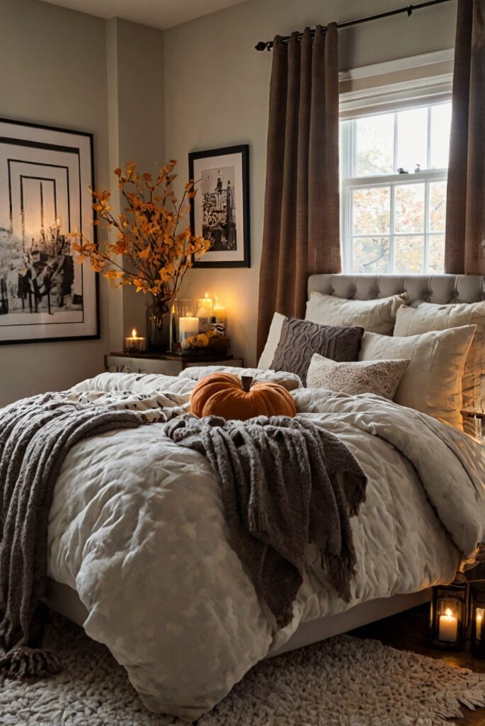 Stylish bedroom decor, Cozy bedding ideas, Luxurious fall bedroom, Elegant bedroom furniture, Plush throw pillows