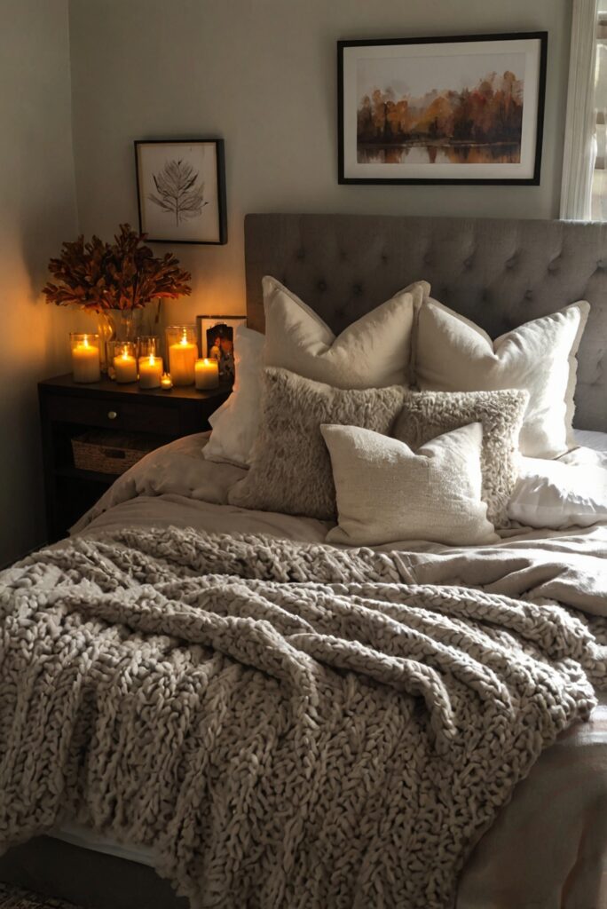 cozy bedroom decor, fall bedding, autumn bedroom ideas, stylish bedroom furniture, warm bedding