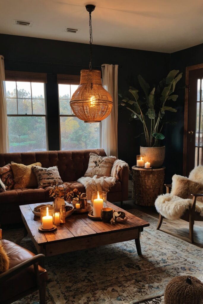 Stylish Boho furniture, Boho decor ideas, Dark living room design, Fall home makeover, Modern bohemian interiors