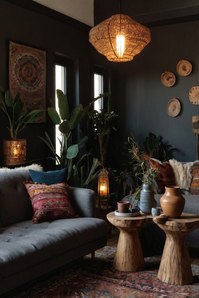 Dark Boho living room decor, Bohemian interior design, Vintage rugs, Eclectic home decor, Cozy lounge space