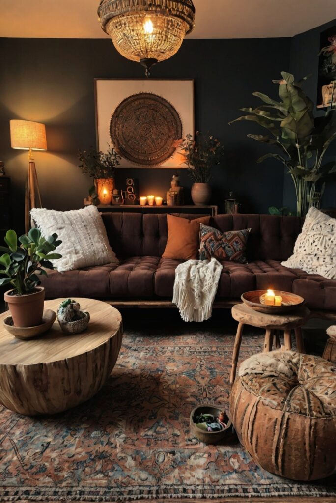 dark boho living room decor ideas, cozy boho style, eclectic boho living room, bohemian chic home decor, modern boho interior design