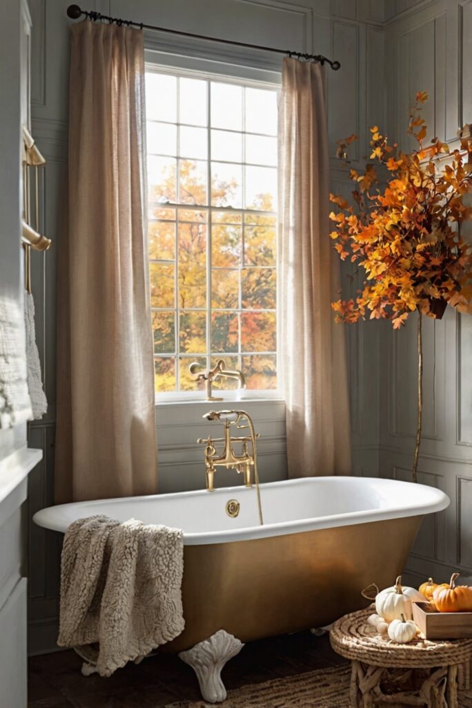 bathroom decor ideas, fall bathroom accessories, autumn bathroom decorations, seasonal bathroom updates, cozy fall bathroom vibes