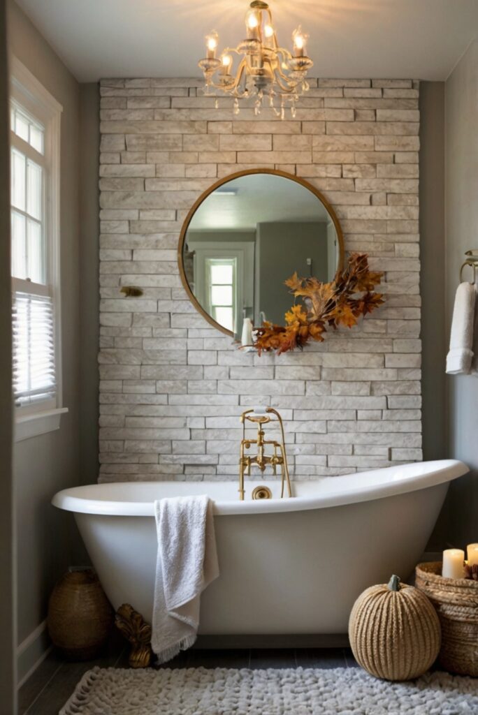 Fall bathroom decor, Rustic bathroom ideas, Autumn bathroom accessories, Cozy bathroom design, Seasonal bathroom updates