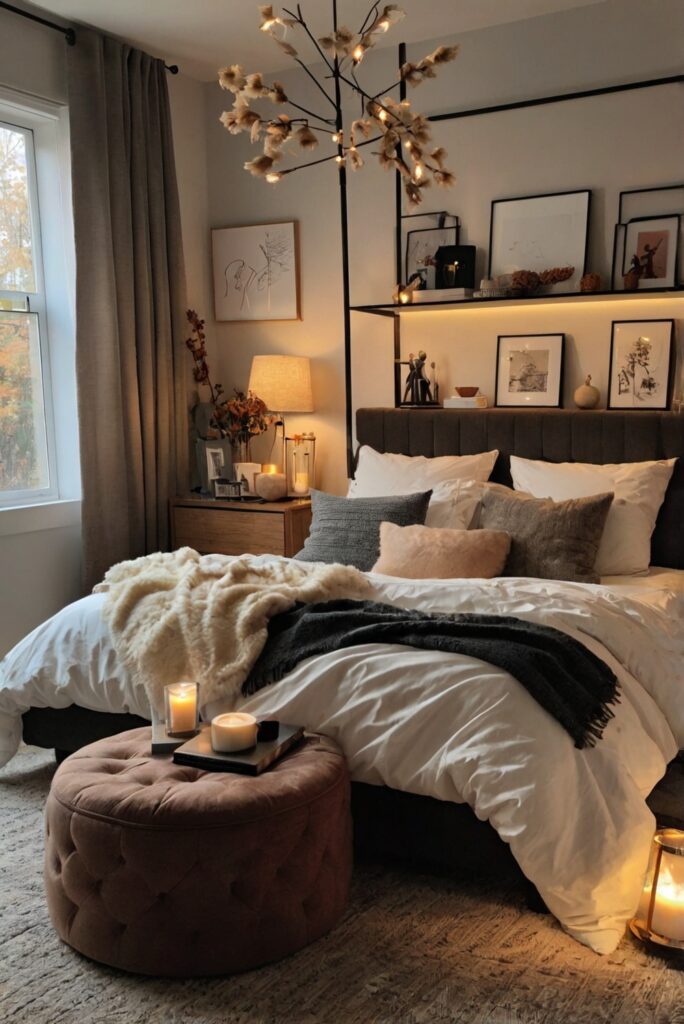 fall bedroom decor, cozy bedroom ideas, autumn bedroom design, seasonal bedroom styling, warm bedroom aesthetic