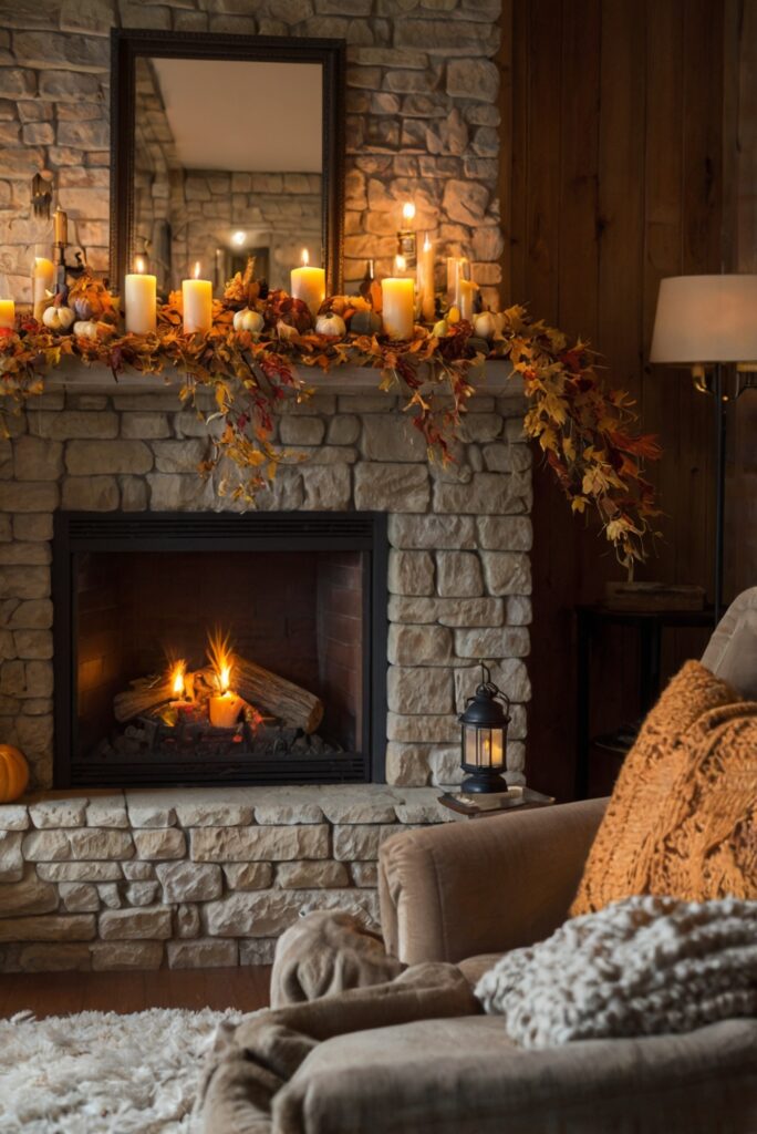 Fall fireplace decor, Cozy home decor, Autumn interior design, Fireplace styling ideas, Warm living room ambiance