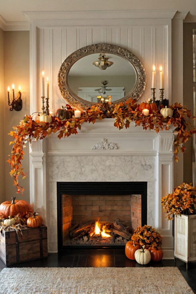 Fall Mantel Decor, Fireplace Mantel Ideas, Autumn Mantel Decorating, Cozy Fireplace Decor, Seasonal Mantel Display