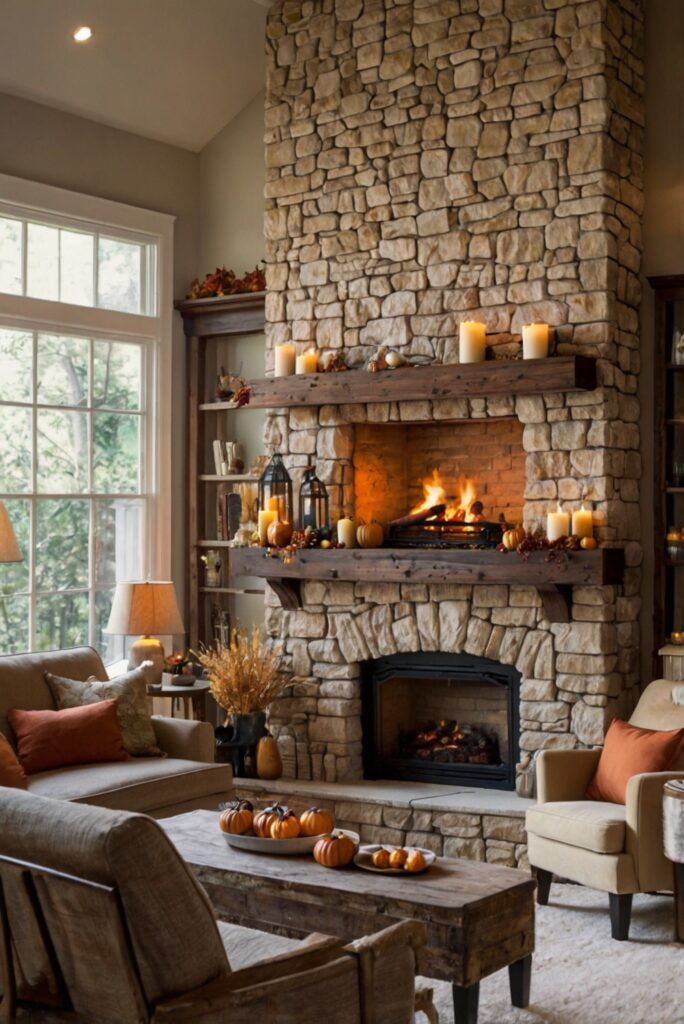 fall fireplace decor, cozy mantle decorations, autumn mantel ideas, seasonal fireplace displays, elegant hearth designs