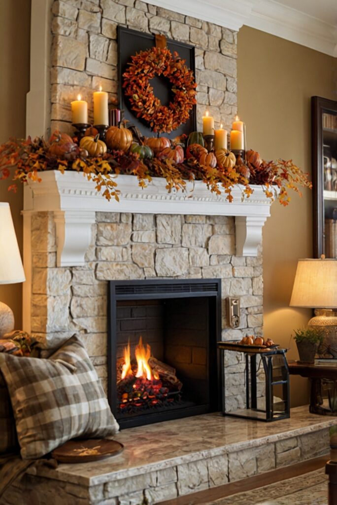 fall decor, fireplace design, cozy home, autumn ambiance, seasonal mantle