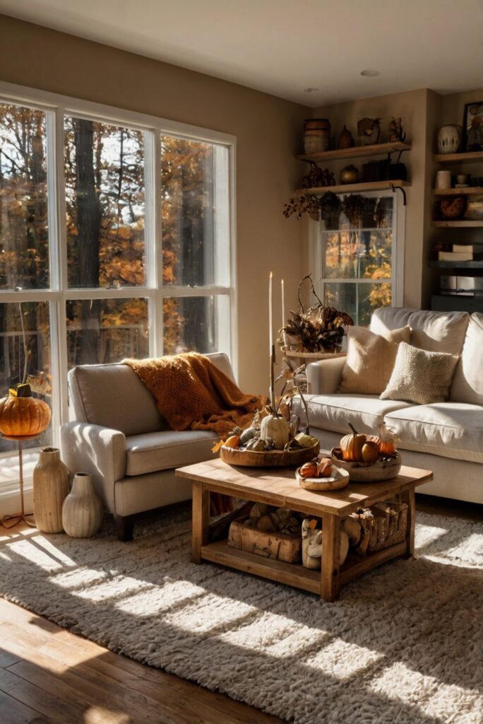 Fall living room decor, Cozy home accessories, Autumn room makeover, Stylish living room furniture, Home interior design