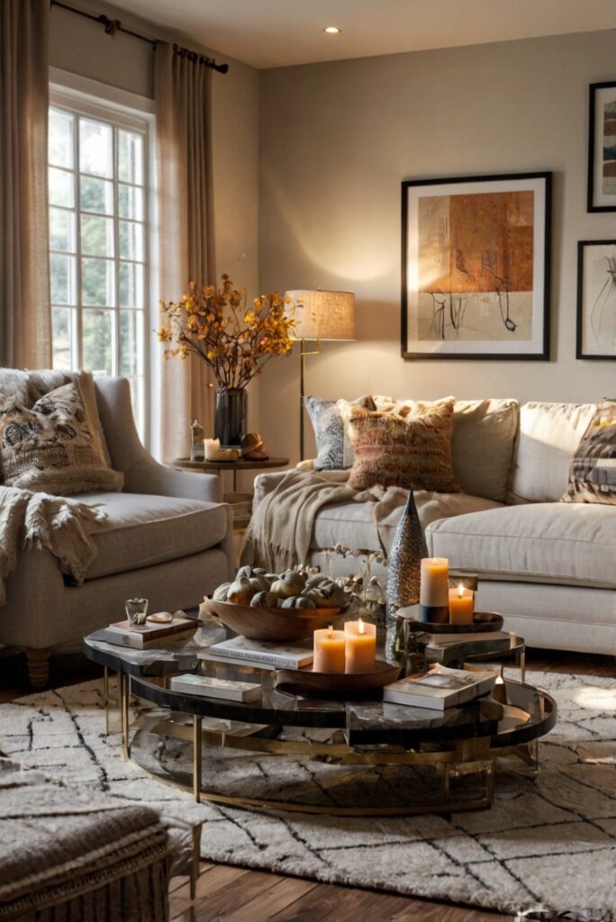 Stylish living room decor, Elegant autumn accessories, Cozy fireplace mantel, Luxurious fall throw pillows, Chic seasonal home accents