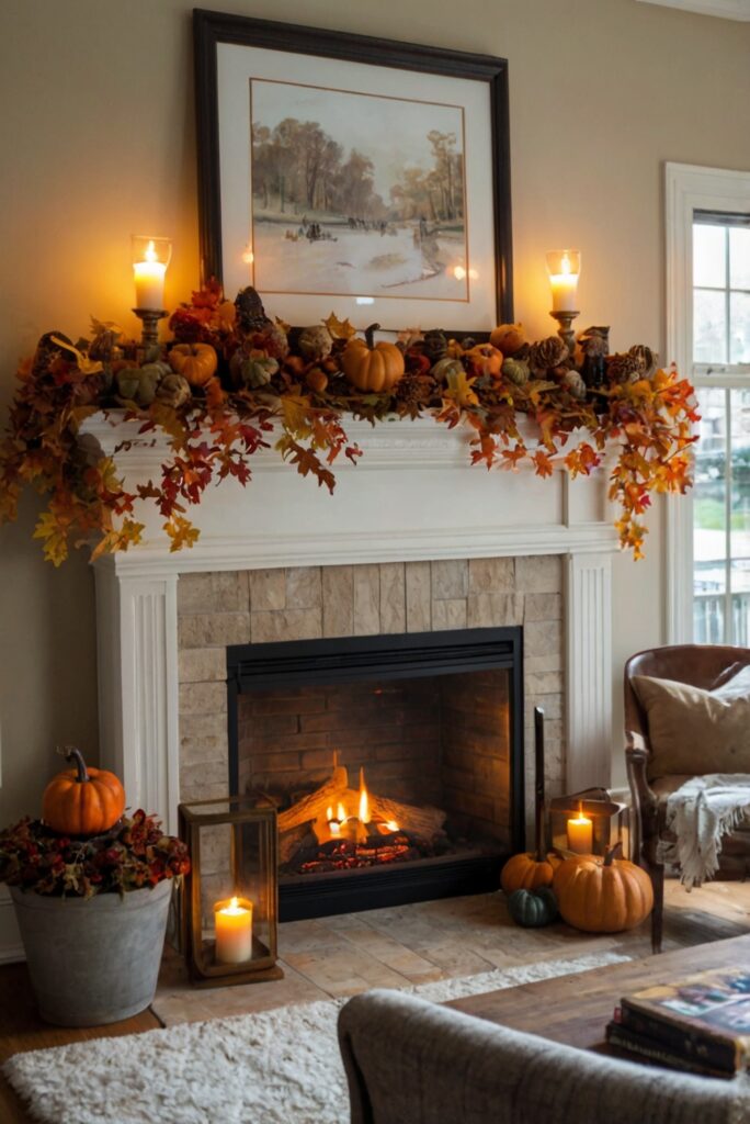 fall mantel decor, autumn fireplace decorations, elegant seasonal home decor, cozy fall living room, chic autumn mantle styling