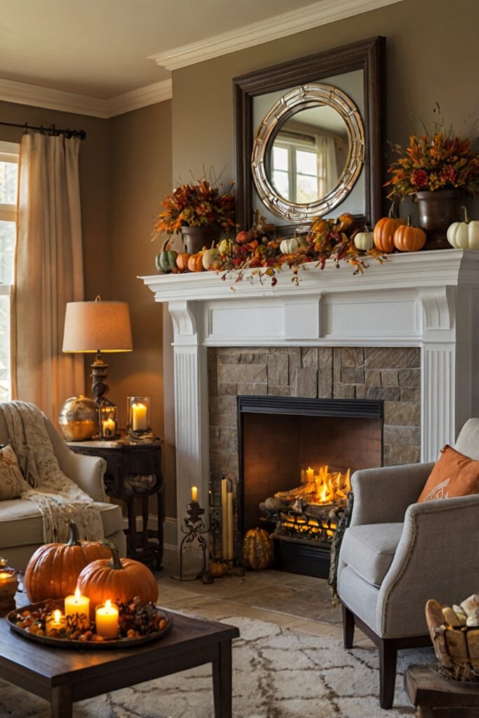 upgrade home decor, fall mantle ideas, seasonal decorations, cozy fireplace, autumn accents