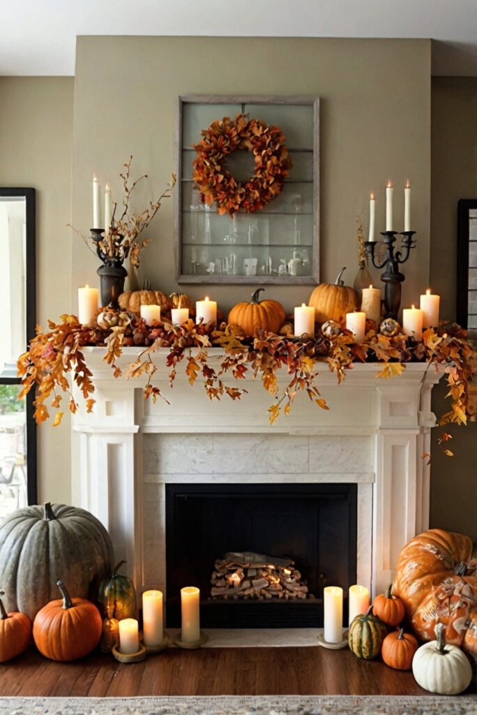 Fall Mantle Decor, Autumn Home Decor, Fireplace Decoration, Cozy Living Room Ideas, Seasonal Interior Design