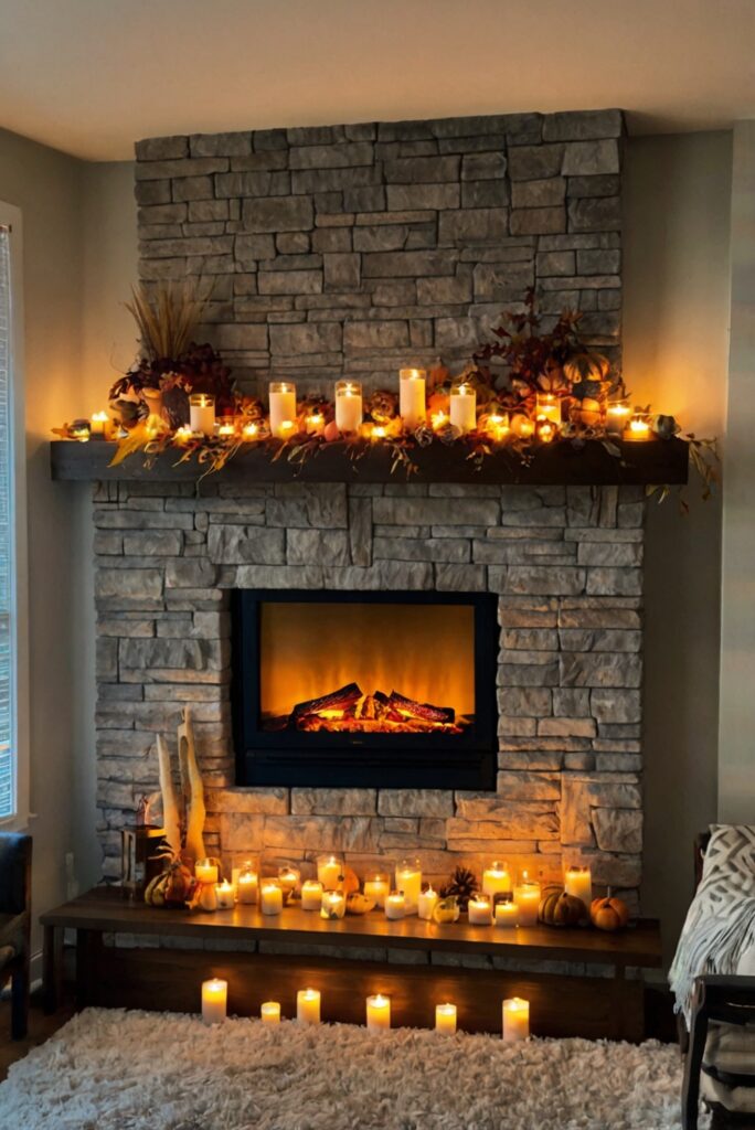 Fall home decor, Fireplace decorations, Seasonal mantel ideas, Autumn interior design, Festive hearth styling