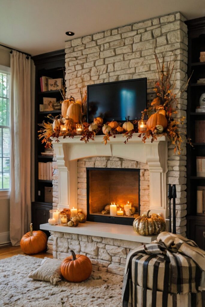 fall mantle decor, fall fireplace decor, fall mantel ideas, fall home decor, autumn mantle decorations