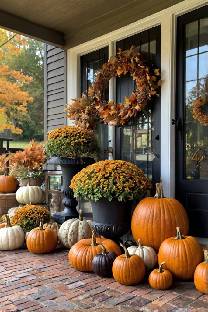 Fall porch decor, Outdoor fall decorations, Autumn porch ideas, Seasonal porch decor, Festive fall porch