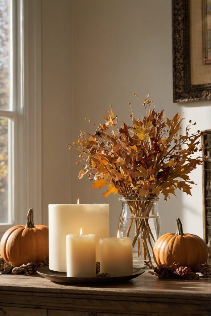 fall decor ideas, thanksgiving home decor, autumn interior design, cozy fall decorations, seasonal room accents