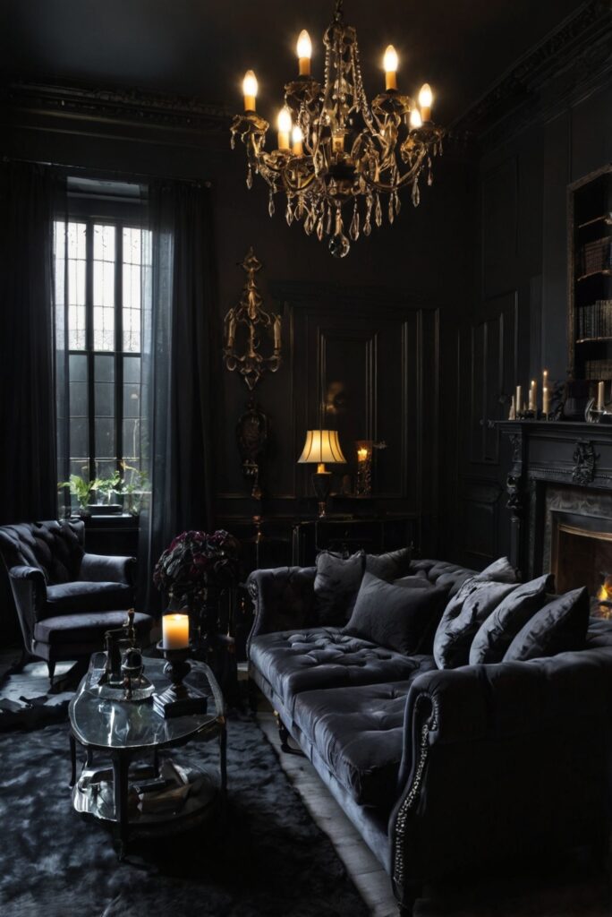 dark home decor, gothic furniture, black velvet sofa, occult home accessories, moody living room