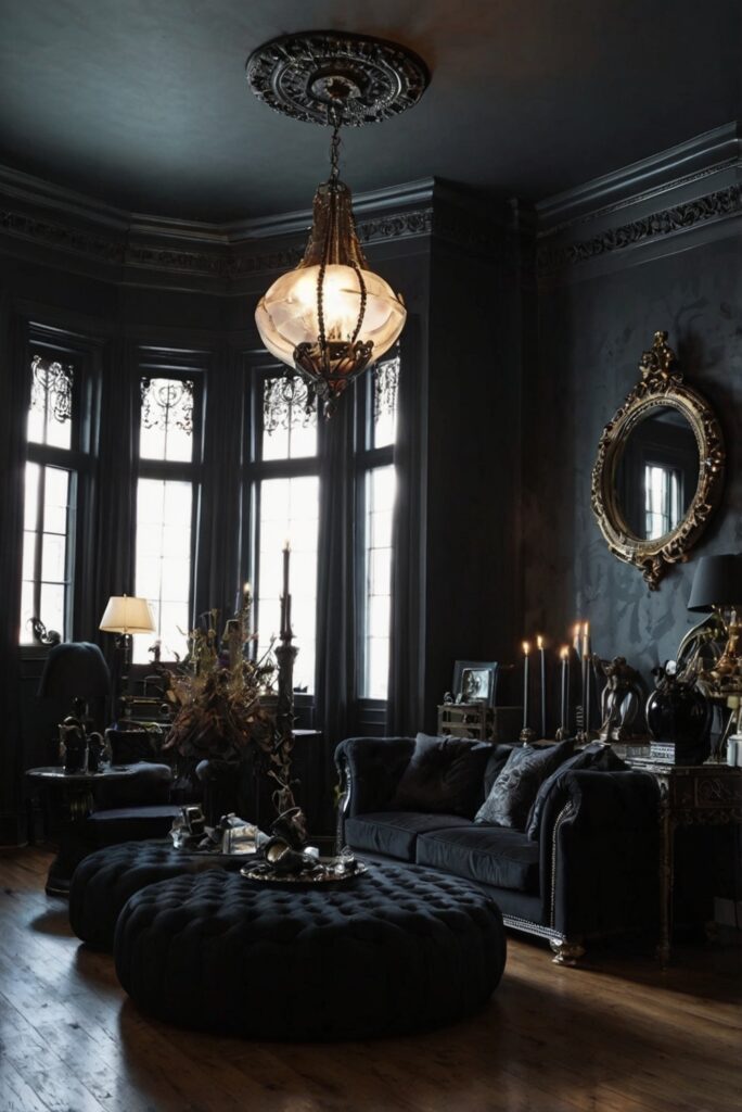 gothic home decor, dark interior design, vampire style furniture, goth-inspired living room, dramatic home accessories