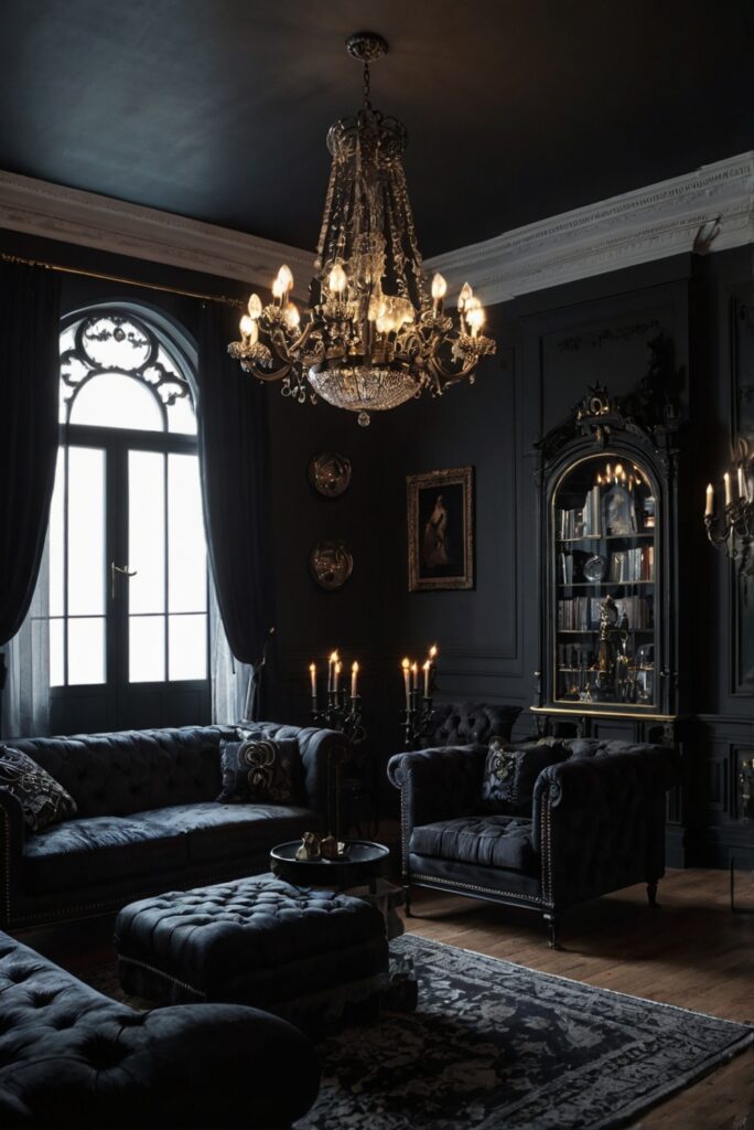 Gothic living room furniture, Gothic home decor, Dark living room ideas, Gothic interior design, Edgy living room design