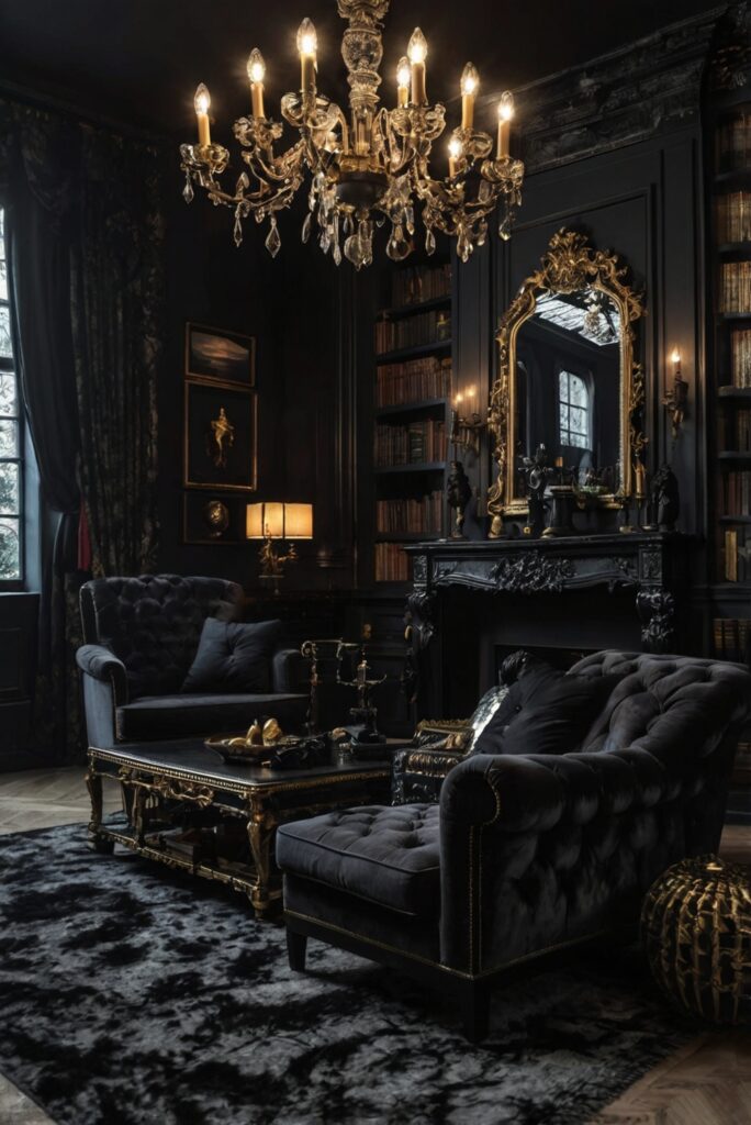 Gothic home decor, Gothic interior design, Gothic furniture, Dark living room ideas, Elegant gothic decor