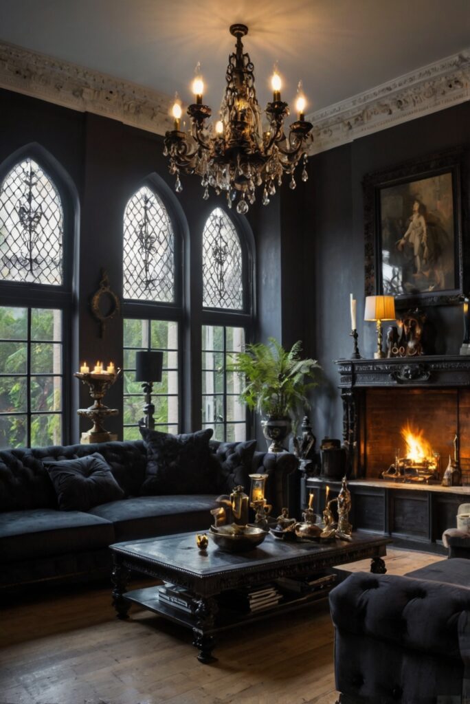 Gothic home decor, Dark furniture, Victorian-style decor, Medieval-inspired design, Dramatic interior design