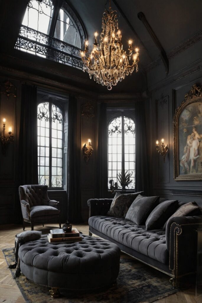 Gothic interior design, Gothic decorations, Dark living room, Haunting decor, Victorian gothic