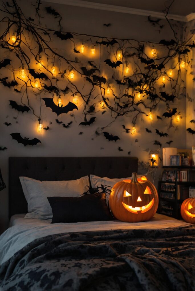 Halloween decor, Spooky bedroom, Seasonal decorations, Festive home design, Scary room ideas