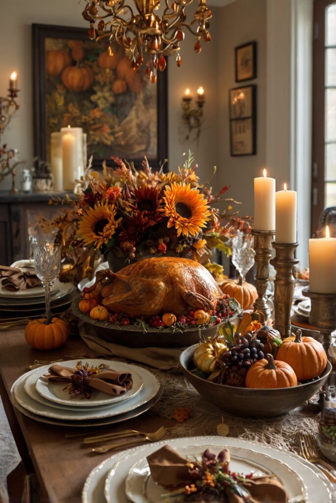 Thanksgiving room decor, stylish fall home decor, elegant autumn decorations, chic festive room ideas, modern Thanksgiving design