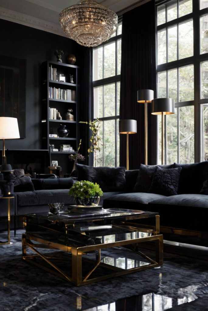 living room furniture, modern living room decor, black sofa set, elegant home decor, sleek coffee table