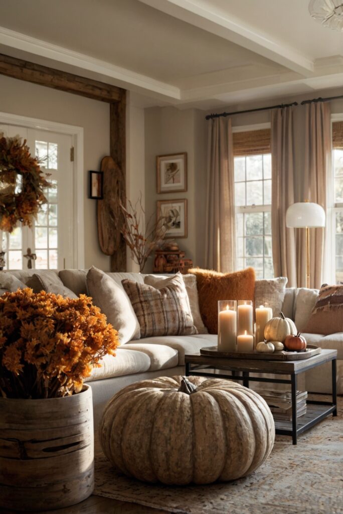 Fall decor ideas, cozy living room decor, autumn home decorations, seasonal living room, rustic fall decor