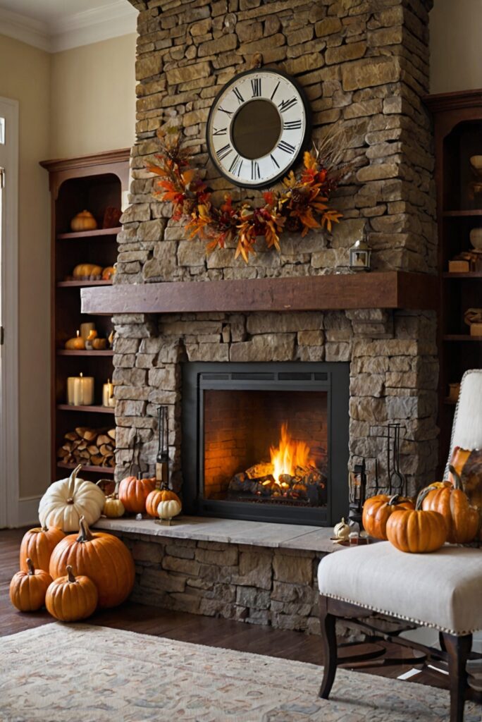 fireplace mantel decor, fall mantle decorations, autumn hearth design, cozy fire place ideas, elegant mantelpiece styling