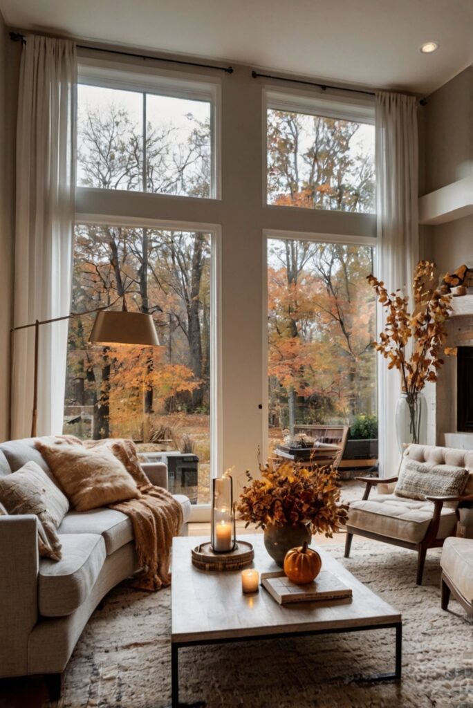 fall decor, living room decor, interior design, home styling, seasonal decorations