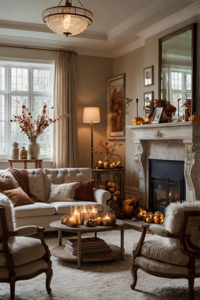 Fall living room decor, autumn home design, cozy living room ideas, elegant seasonal decorations, stylish fall accents