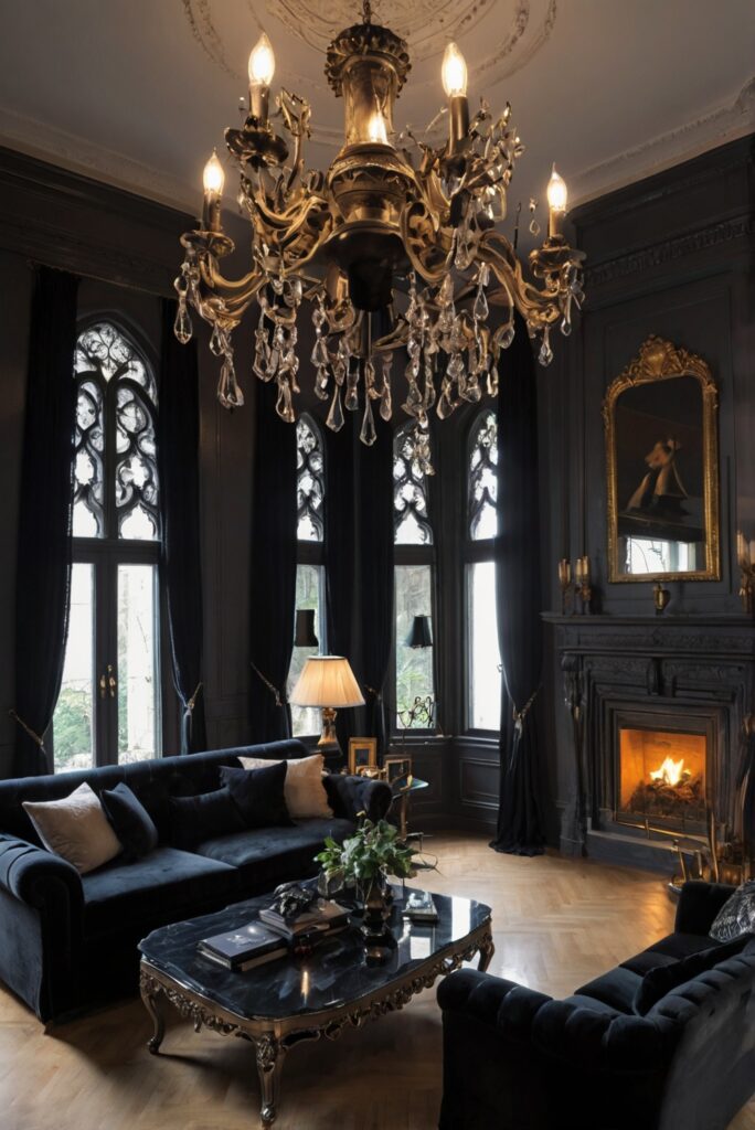 Gothic living room design, Victorian Gothic decor, Dark home interiors, Medieval living room, Eerie living room ideas