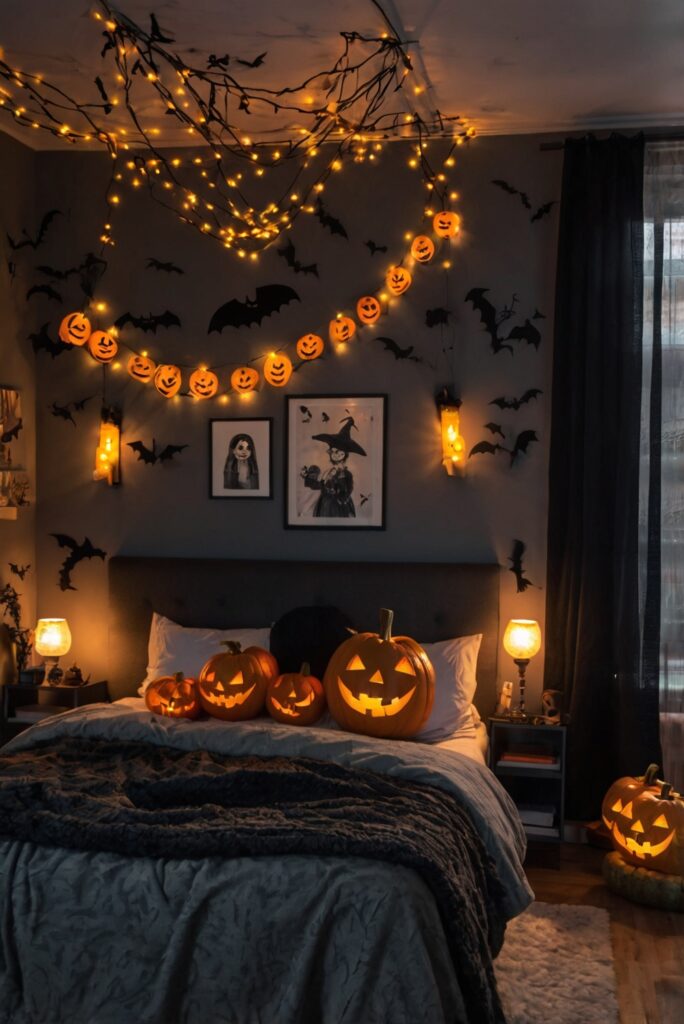 Halloween bedroom decor, spooky bedroom ideas, Halloween bedding, scary bedroom decorations, pumpkin bedroom theme