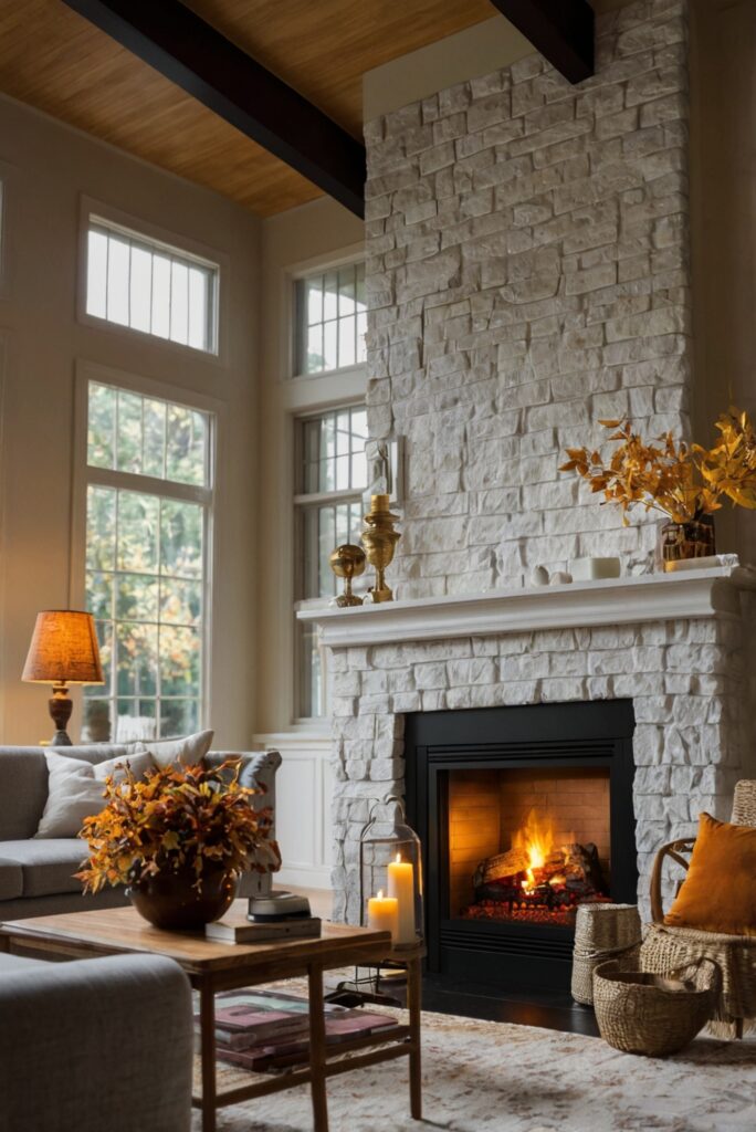 fireplace mantel decor, cozy autumn ambiance, rustic firewood display, elegant fall wreaths, seasonal mantle garland