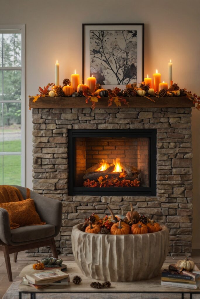 Autumn fireplace decor, Cozy fireplace design, Modern fireplace ideas, Fireplace makeover, Stylish hearth accessories