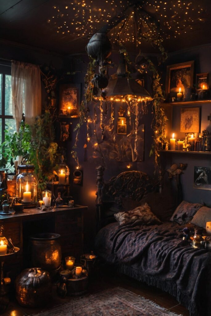 Witchy home décor, Witchy bedroom ideas, Occult room accessories, Mystic room designs, Gothic home furnishings