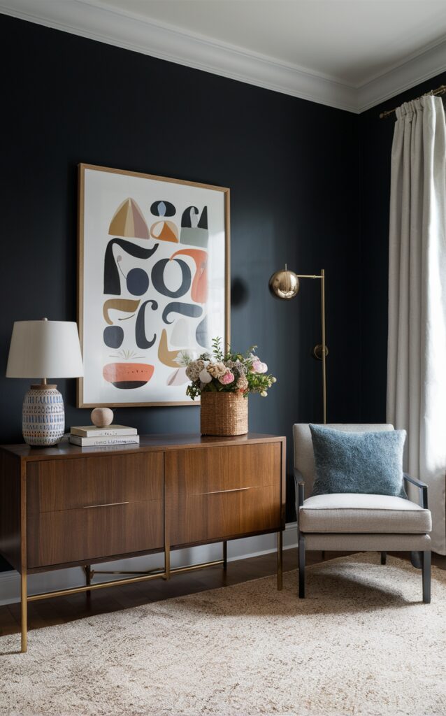 black accent wall, interior design, home decor, chic design, wall paint