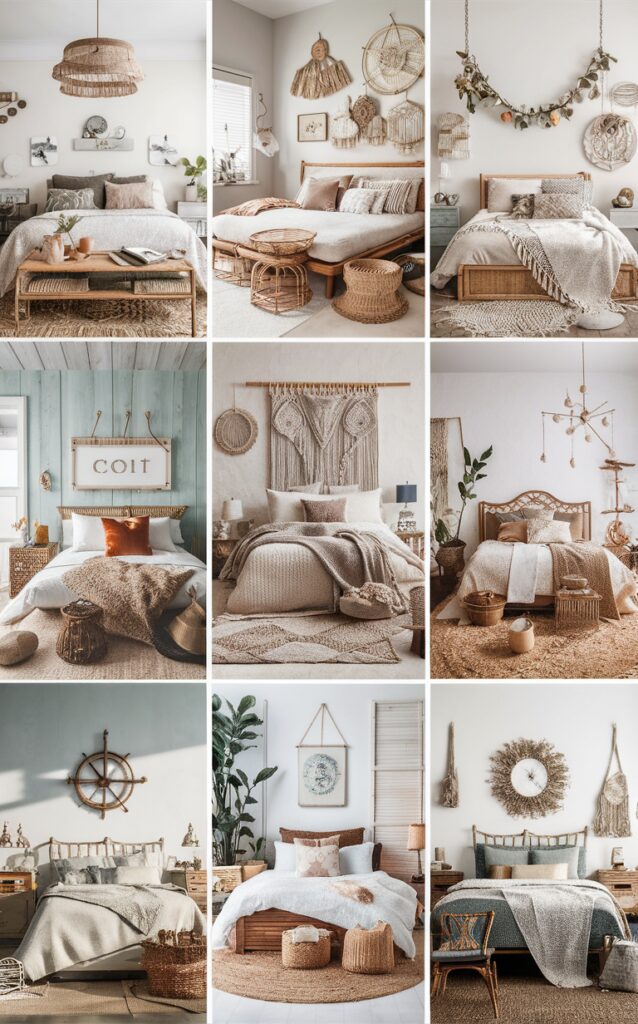 coastal boho bedroom decor, coastal bohemian bedding, beach style bedroom ideas, boho chic bedroom furniture, coastal boho wall art