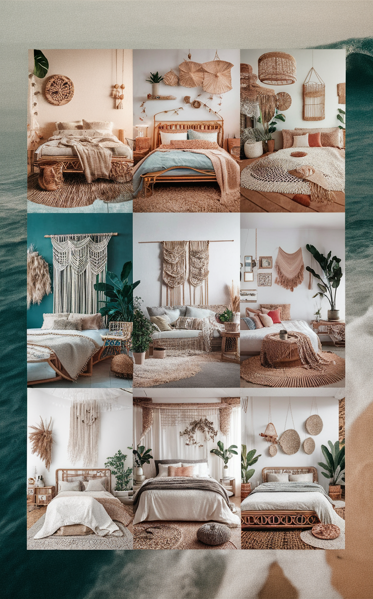 Coastal bedroom decor, Boho bedroom plants, Coastal home design, Boho chic bedding, Coastal bedroom styling