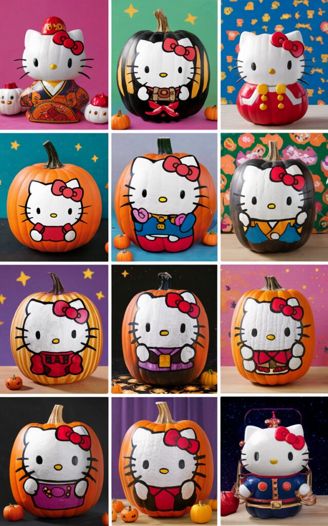 Hello Kitty pumpkin painting, Halloween decor, pumpkin painting ideas, Hello Kitty Halloween, Halloween pumpkin ideas