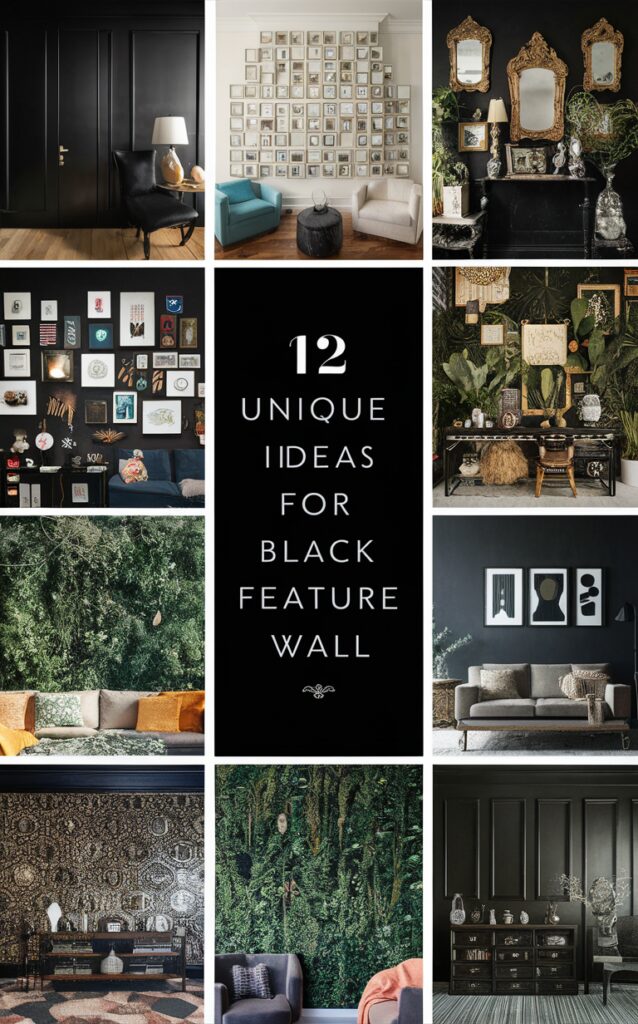 Black feature wall design ideas, Wall décor trends, Contemporary feature wall design, Bold wall accent ideas, Modern interior wall decoration