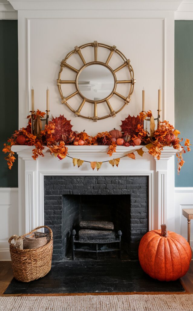 Fireplace mantel decor, Fall mantel decorations, Autumn mantel display, Cozy fireplace accents, Seasonal mantelpiece styling