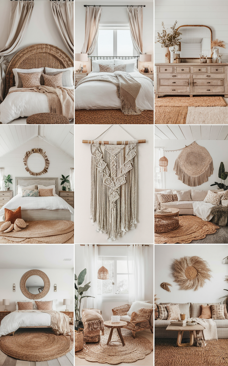 Beachfront bungalow decor, Coastal chic bedroom, Bohemian seaside style, Rattan furniture design, Ocean-inspired bedroom ideas